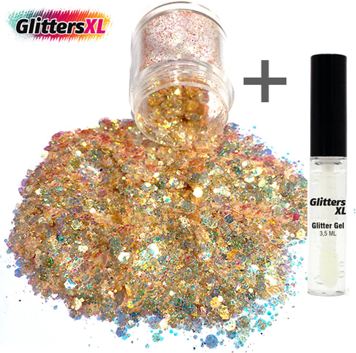 GlittersXL - Chunky Glitters (Goud) (Volume 8g) + Glitter Huid Lijm [Festival Makeup Gezicht Lichaam - Face Body Glitter - Biologisch afbreekbaar - Versiering Dames Volwassen Kinderen]